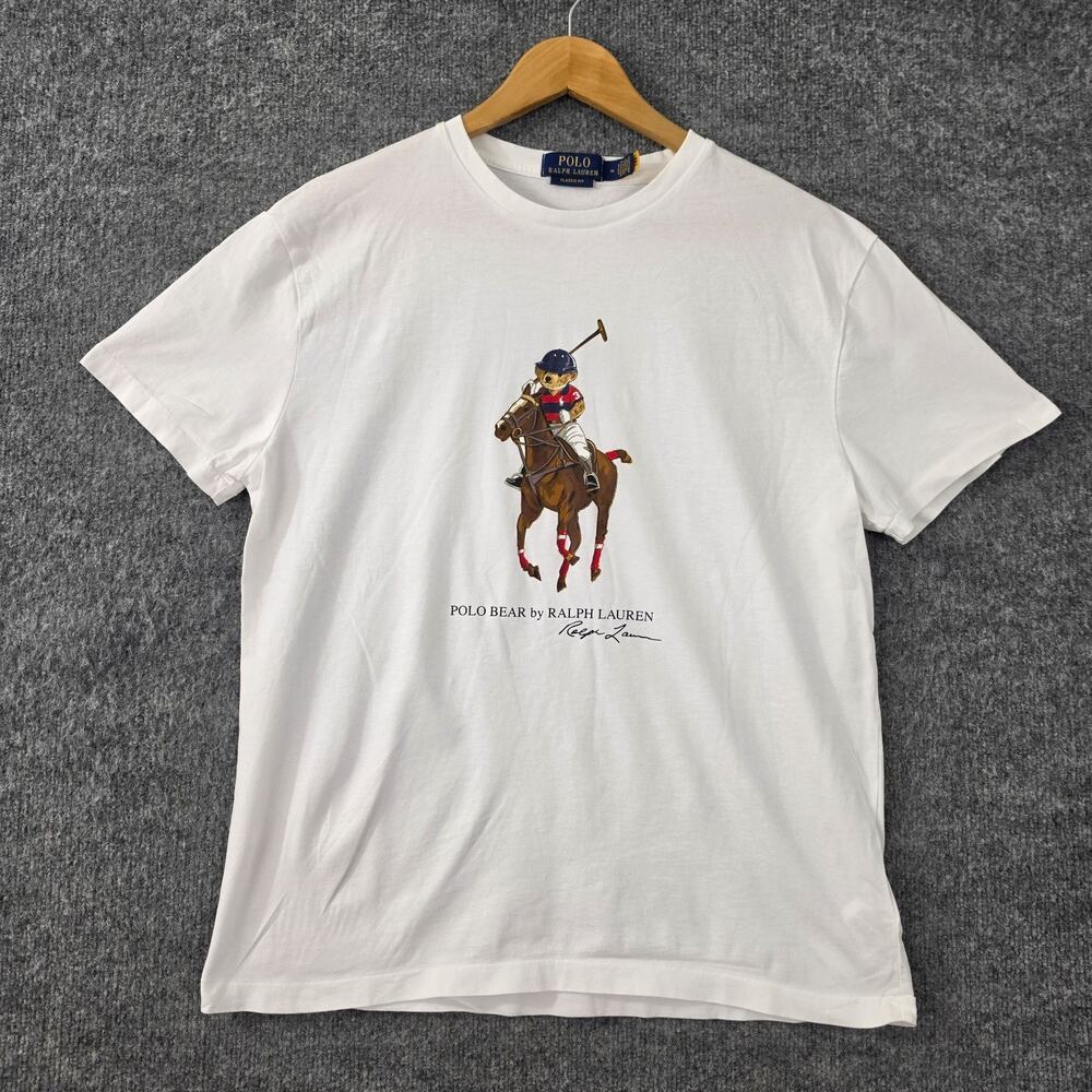 Polo Ralph Lauren Shirt Men Medium Polo Bear Big Pony White Casual Sports Preppy